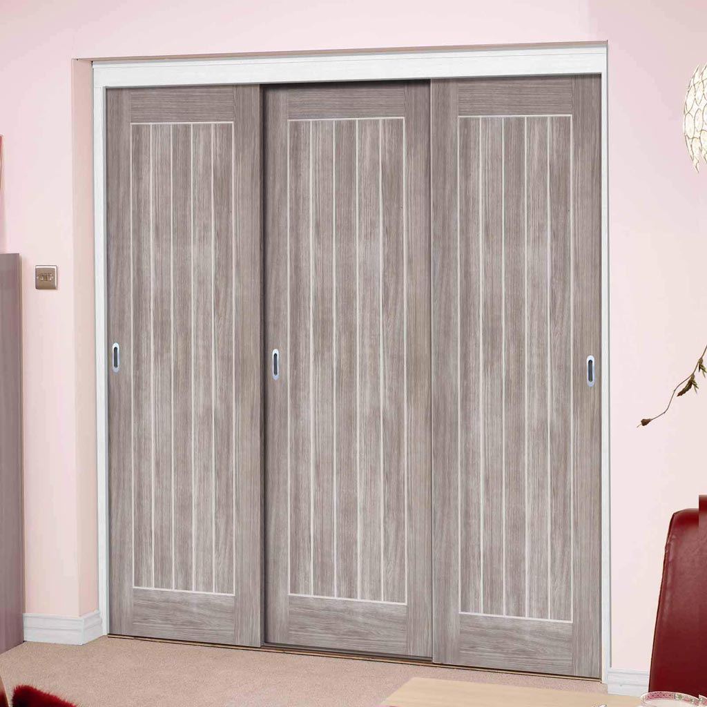 Minimalist Wardrobe Door & Frame Kit - Three Laminate Mexicano Light Grey Doors - Prefinished