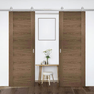 Image: Top Mounted Stainless Steel Sliding Track & Double Door - Sofia Walnut Veneer Flush Doors - Prefinished