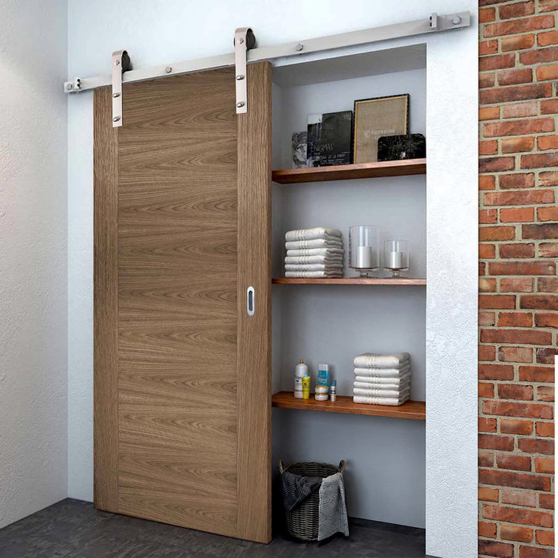 Single Sliding Door & Stainless Steel Barn Track - Sofia Walnut Veneer Door - Prefinished