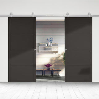 Image: Top Mounted Stainless Steel Sliding Track & Double Door - Soho 4 Panel Black Primed Doors