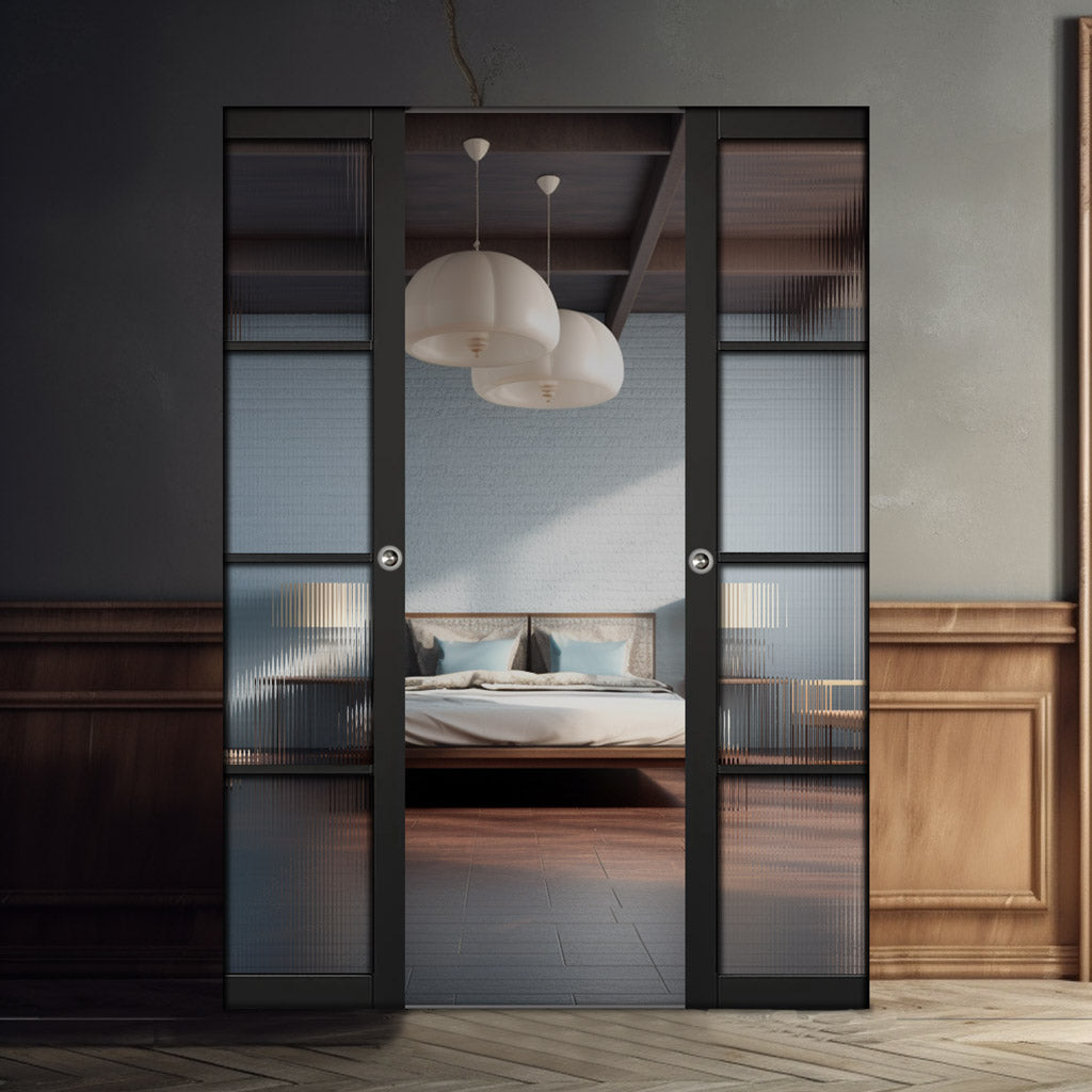 Soho 4 Pane Black Primed Absolute Evokit Double Pocket Doors - Clear R