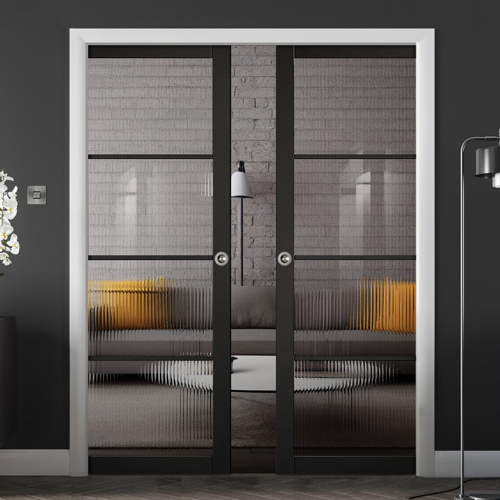 Soho 4 Pane Black Primed Double Evokit Pocket Door - Clear Reeded Glas