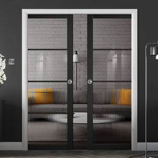 Image: Soho 4 Pane Black Primed Double Evokit Pocket Door - Clear Reeded Glass - Prefinished