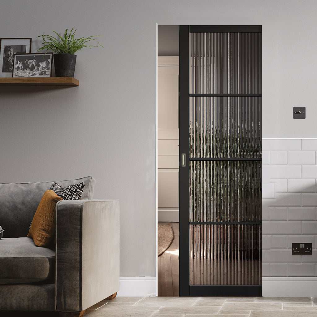 Soho 4 Pane Black Primed Absolute Evokit Single Pocket Door - Clear Re ...
