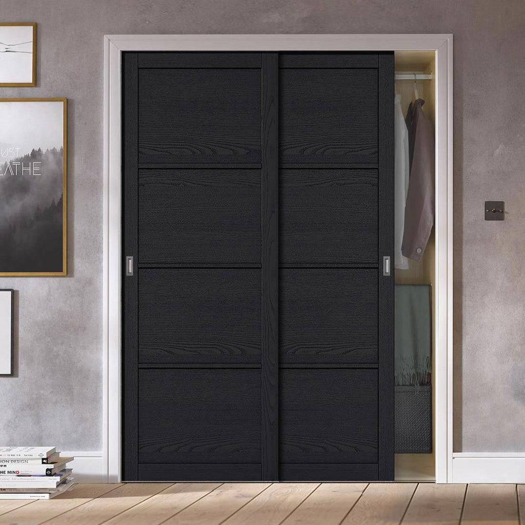 Minimalist Wardrobe Door & Frame Kit - Two Soho 4 Panel Charcoal Door - Prefinished