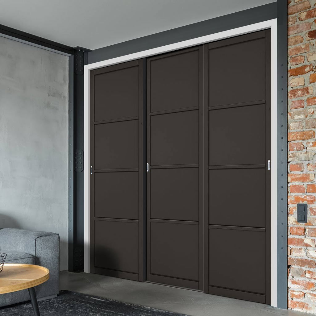 Minimalist Wardrobe Door & Frame Kit - Three Soho 4 Panel Doors - Black Painted - Prefinished