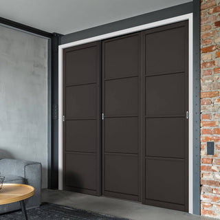 Image: Minimalist Wardrobe Door & Frame Kit - Three Soho 4 Panel Doors - Black Painted - Prefinished