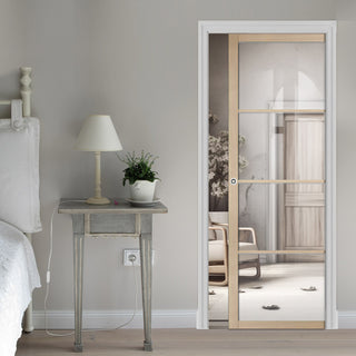 Image: Soho 4 Pane Blonde Oak Primed Single Evokit Pocket Door - Clear Glass - Prefinished