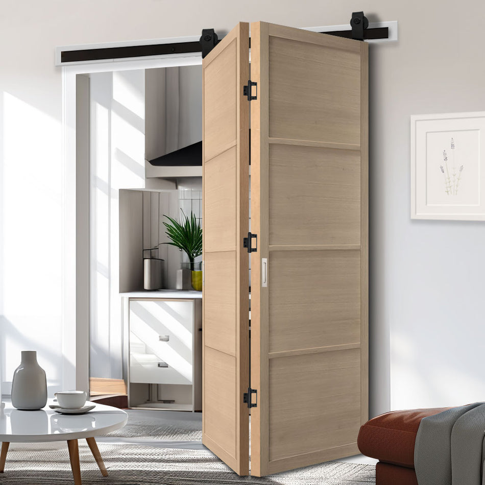 Sliding Top Mounted Black Folding Track & Double Door - Soho Blonde Oak Panel Internal Door - Prefinished