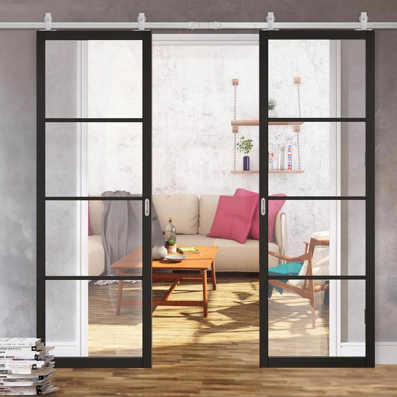 Top Mounted Stainless Steel Sliding Track & Double Door - Soho 4 Pane Black Painted Doors - Clear Glass