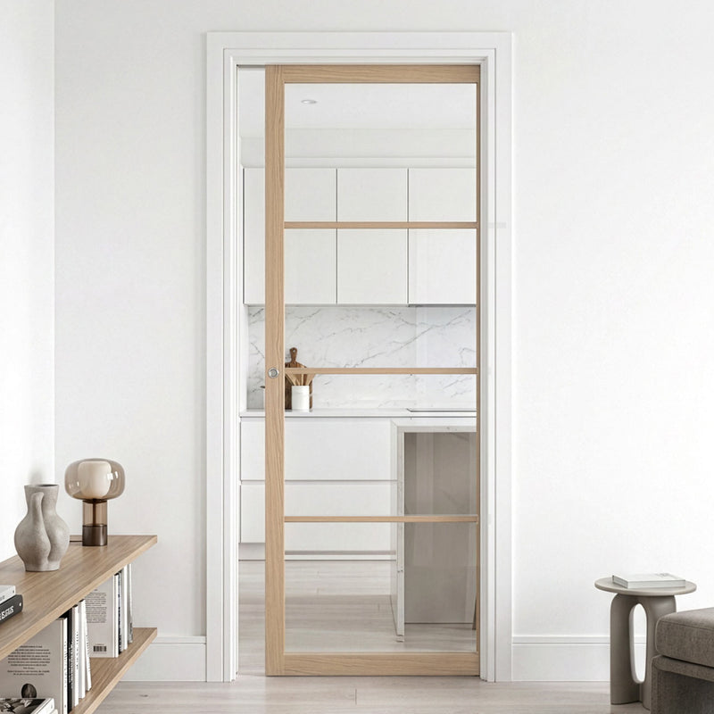 Soho 4 Pane Blonde Oak Primed Single Evokit Pocket Door - Clear Glass - Prefinished