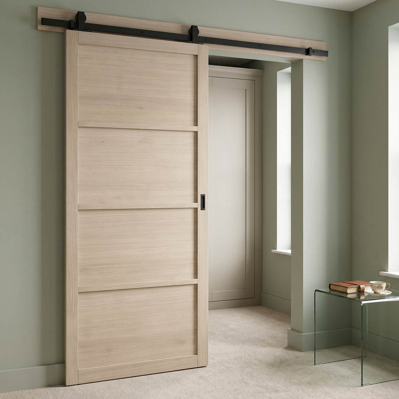 Top Mounted Black Sliding Track & Door - Soho Blonde Oak Panel Internal Door - Prefinished