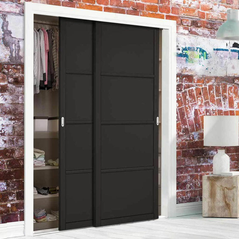 Minimalist Wardrobe Door & Frame Kit - Two Soho 4 Panel Doors - Black Painted - Prefinished
