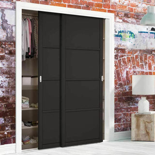 Image: Minimalist Wardrobe Door & Frame Kit - Two Soho 4 Panel Doors - Black Painted - Prefinished