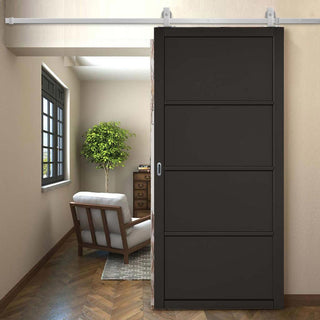 Image: Top Mounted Stainless Steel Sliding Track & Door - Soho 4 Panel Black Primed Door