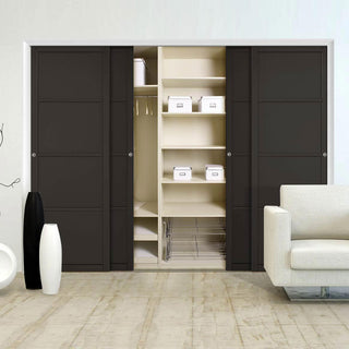 Image: Minimalist Wardrobe Door & Frame Kit - Four Soho 4 Panel Doors - Black Painted - Prefinished