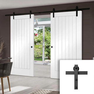 Image: Double Sliding Door & Black Barn Track - Suffolk Flush Doors - White Primed