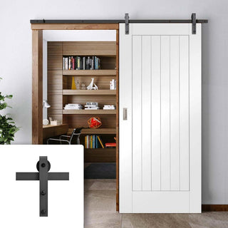 Image: Single Sliding Door & Black Barn Track - Suffolk Flush Door - White Primed