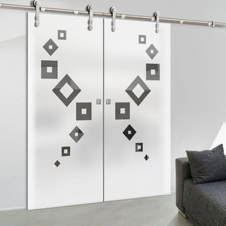 Image: Double Glass Sliding Door - Solaris Tubular Stainless Steel Sliding Track & Geometric Swirl 8mm Obscure Glass - Clear Printed Design