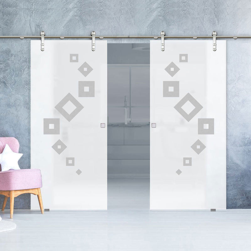 Double Glass Sliding Door - Solaris Tubular Stainless Steel Sliding Track & Geometric Swirl 8mm Obscure Glass - Obscure Printed Design