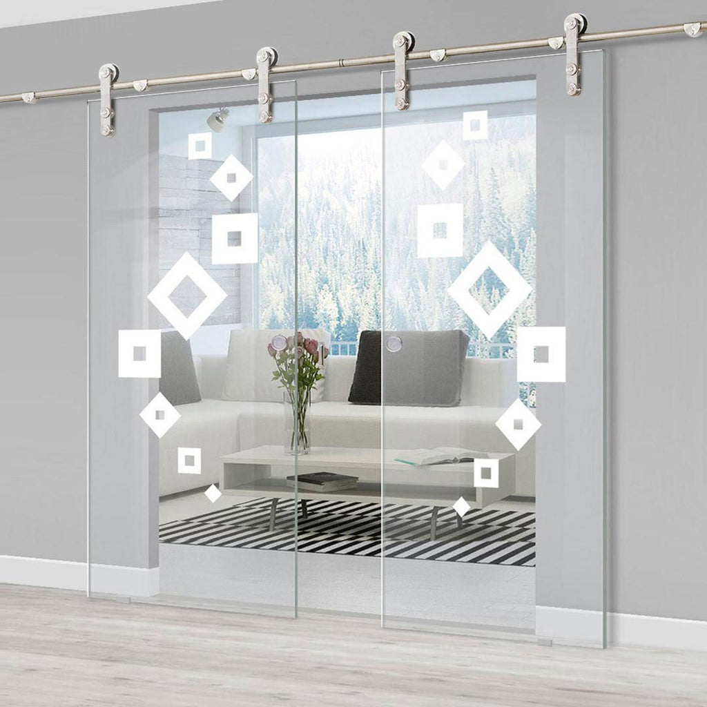 Double Glass Sliding Door - Solaris Tubular Stainless Steel Sliding Track & Geometric Swirl 8mm Clear Glass - Obscure Printed Design