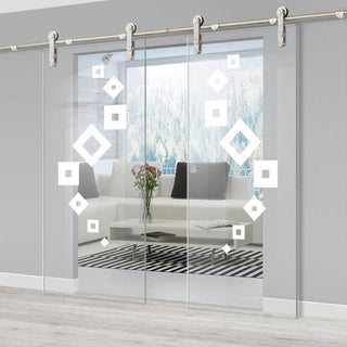 Image: Double Glass Sliding Door - Solaris Tubular Stainless Steel Sliding Track & Geometric Swirl 8mm Clear Glass - Obscure Printed Design
