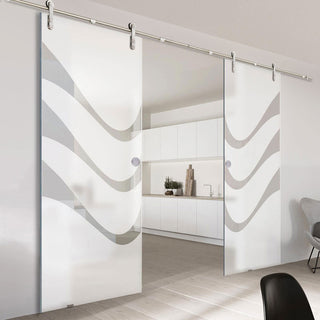 Image: Double Glass Sliding Door - Solaris Tubular Stainless Steel Sliding Track & Temple 8mm Obscure Glass - Clear Printed Design