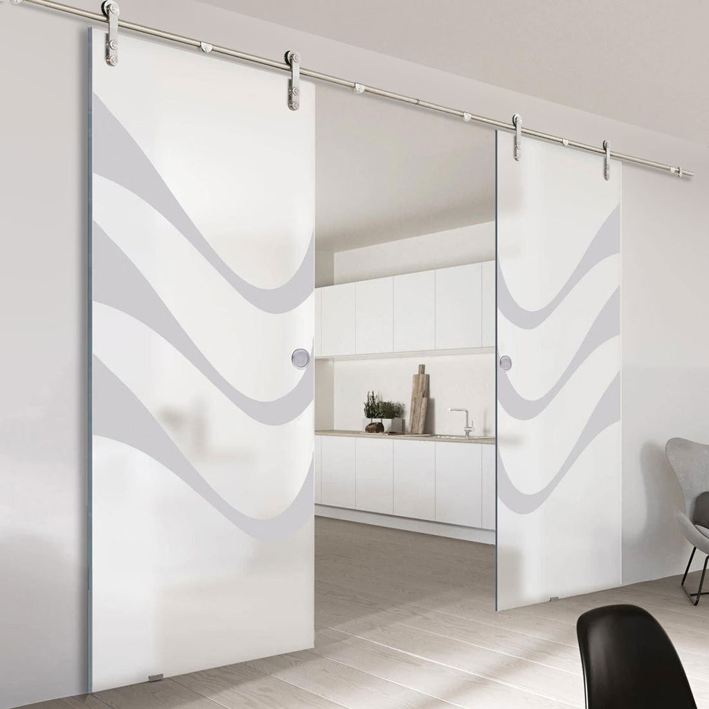 Double Glass Sliding Door - Solaris Tubular Stainless Steel Sliding Track & Temple 8mm Obscure Glass - Obscure Printed Design
