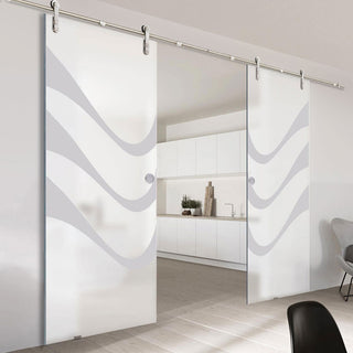 Image: Double Glass Sliding Door - Solaris Tubular Stainless Steel Sliding Track & Temple 8mm Obscure Glass - Obscure Printed Design