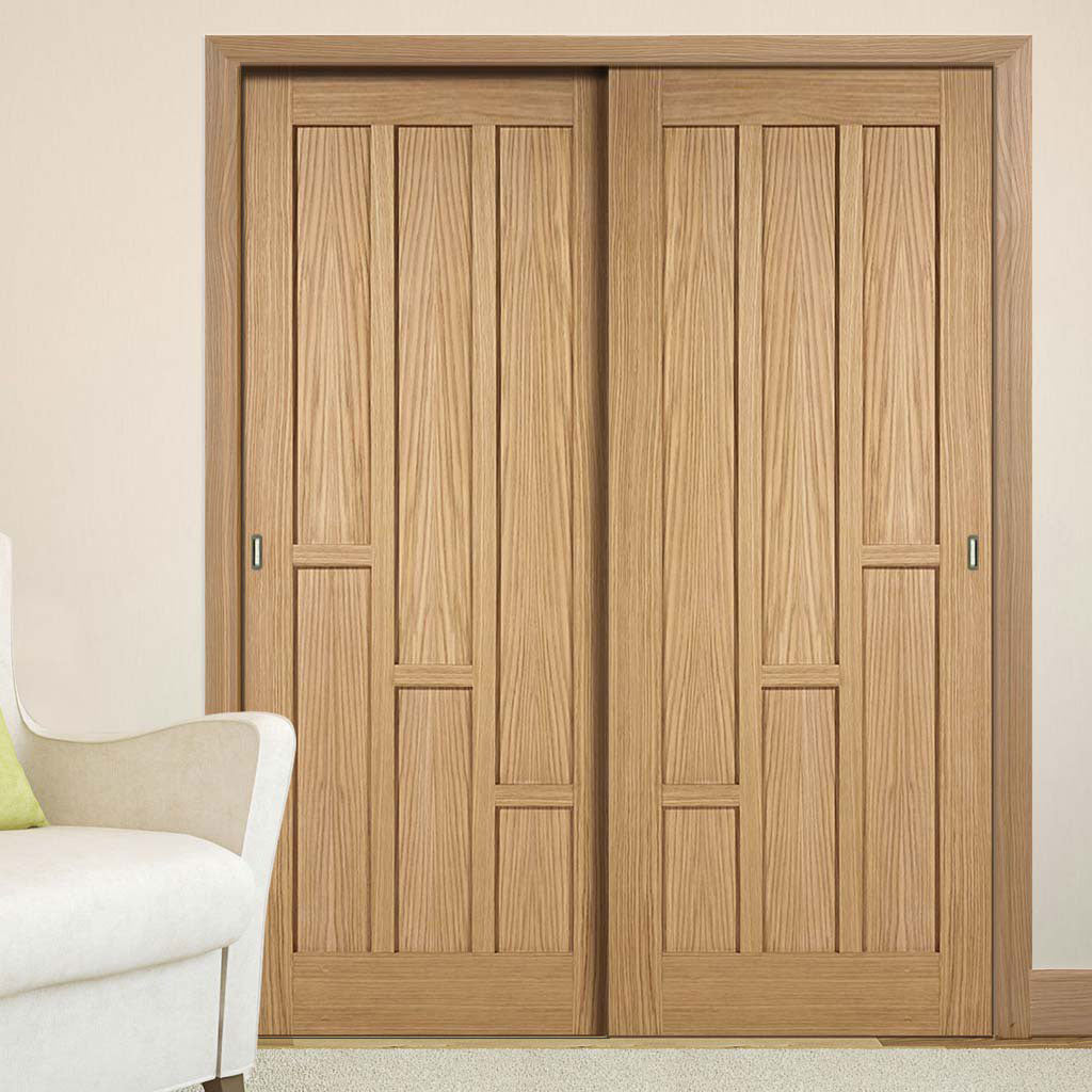 Minimalist Wardrobe Door & Frame Kit - Two Coventry Contemporary Oak Panel Doors - Unfinished