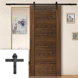 Image: Single Sliding Door & Black Barn Track - Tigris Walnut Door - Prefinished