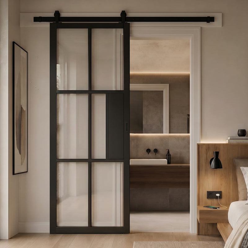 Top Mounted Black Sliding Track & Door - Industrial Civic Black Internal Door - Clear Glass - Prefinished
