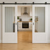 Top Mounted Black Sliding Track & Double Door - Value 3/4 Clear Glass with Frosted Lines Doors - White Primed