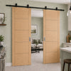 Top Mounted Black Sliding Track & Double Door - Value 5 Panel Oak Flush Internal Door - Unfinished