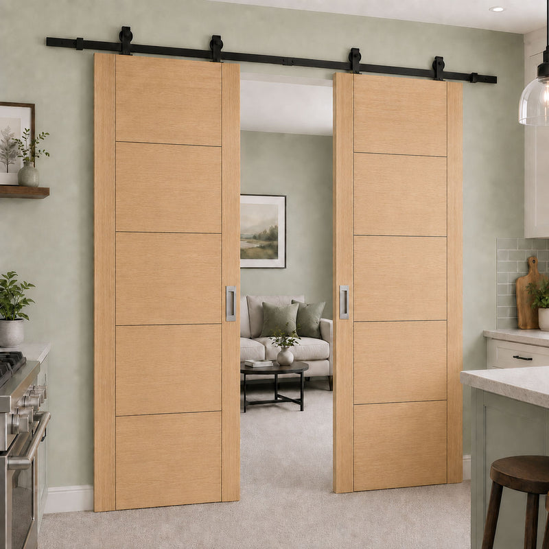 Top Mounted Black Sliding Track & Double Door - Value 5 Panel Oak Flush Internal Door - Unfinished