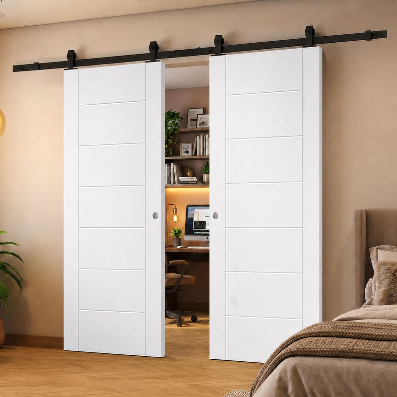 Top Mounted Black Sliding Track &  Double Door - Value 7 panel Flush Style Internal Door - White Primed