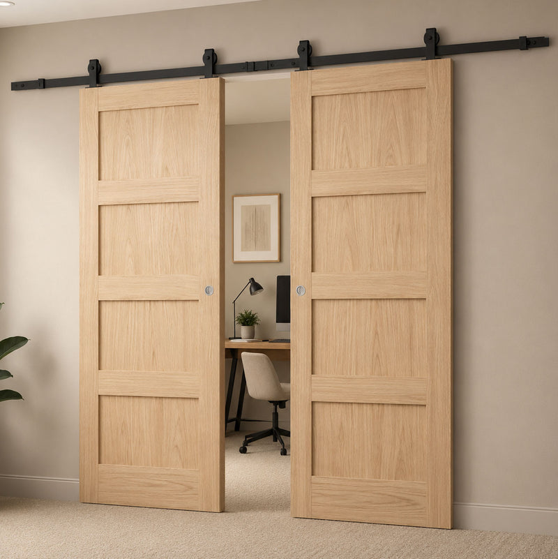 Top Mounted Black Sliding Track & Double Door - Value Classic Oak Shaker Internal Door - Unfinished