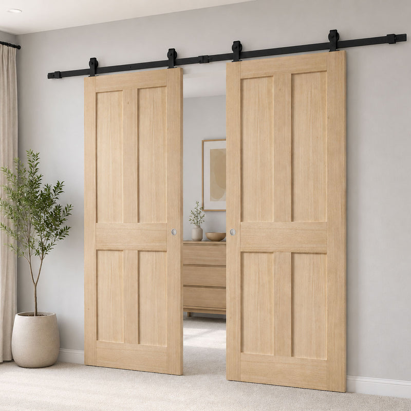 Top Mounted Black Sliding Track & Double Door - Value Victorian 4 Panel Oak Shaker Internal Door - Unfinished