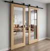 Top Mounted Black Sliding Track & Double Door - Pattern 10 Style Oak Internal Door - Clear Glass