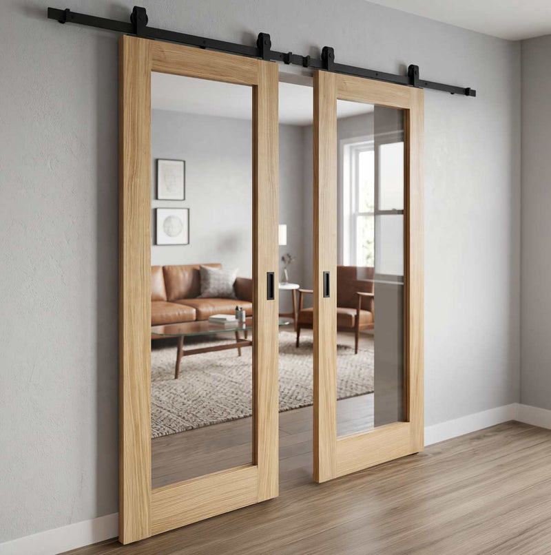 Top Mounted Black Sliding Track & Double Door - Pattern 10 Style Oak Internal Door - Clear Glass