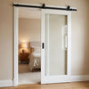 Top Mounted Black Sliding Track & Door - Pattern 10 Style Internal Door - White Primed - Clear Glass