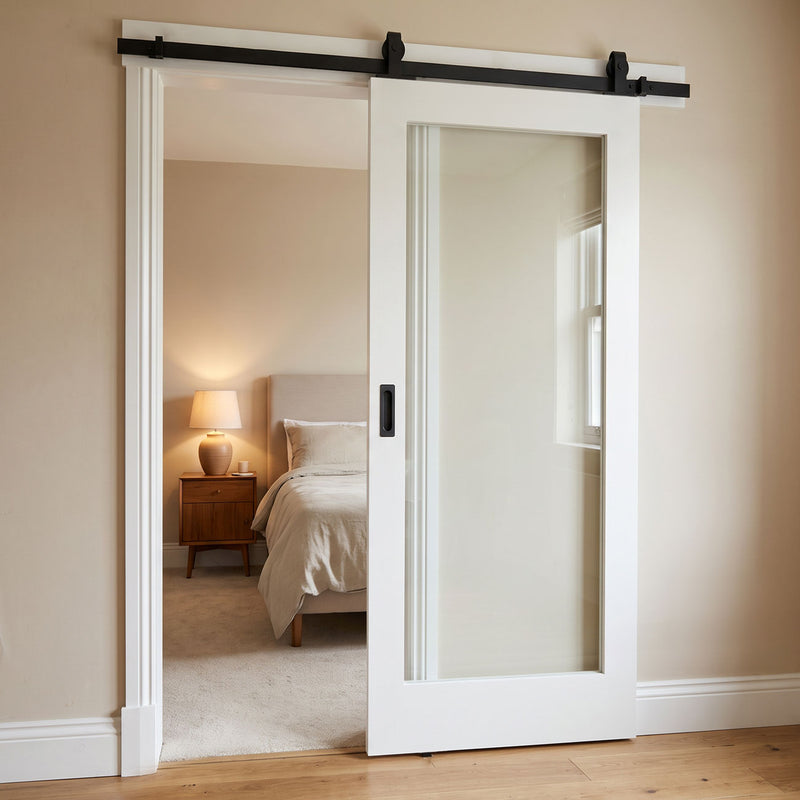 Top Mounted Black Sliding Track & Door - Pattern 10 Style Internal Door - White Primed - Clear Glass