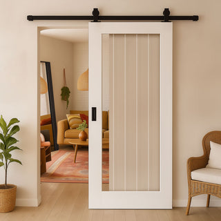 Image: Top Mounted Sliding Track & Door - Ely Glazed Door - Clear Etched Glass - White Primed