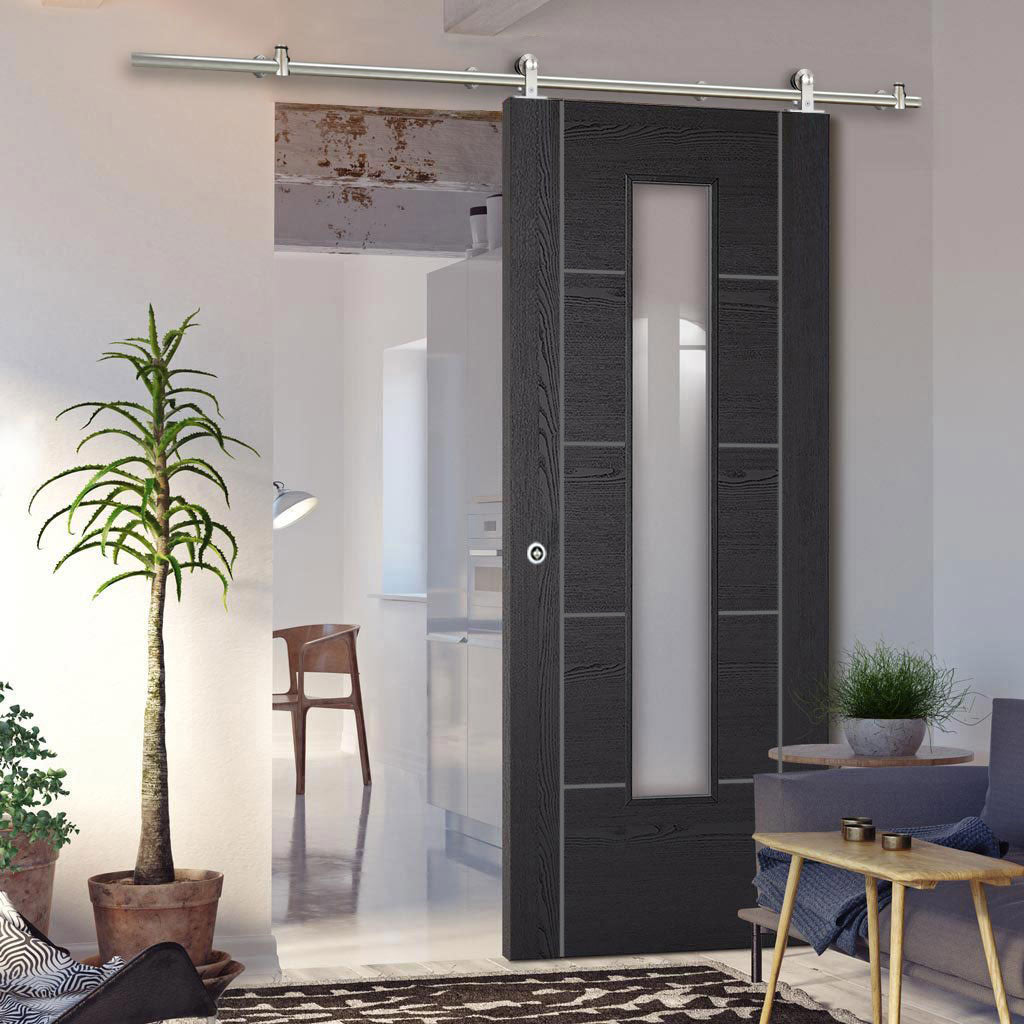 Sirius Tubular Stainless Steel Sliding Track & Laminate Vancouver Black Door - Prefinished - Clear Glass - Prefinished