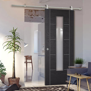 Image: Sirius Tubular Stainless Steel Sliding Track & Laminate Vancouver Black Door - Prefinished - Clear Glass - Prefinished