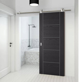 Image: Sirius Tubular Stainless Steel Sliding Track & Laminate Vancouver Black Door - Prefinished