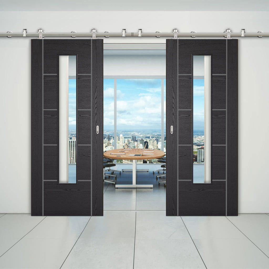Sirius Tubular Stainless Steel Sliding Track & Laminate Vancouver Black Double Door - Prefinished - Clear Glass - Prefinished