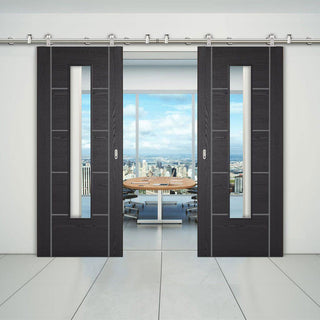 Image: Sirius Tubular Stainless Steel Sliding Track & Laminate Vancouver Black Double Door - Prefinished - Clear Glass - Prefinished
