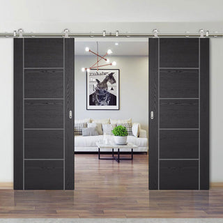 Image: Sirius Tubular Stainless Steel Sliding Track & Laminate Vancouver Black Double Door - Prefinished