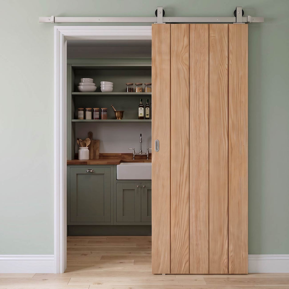 Top Mounted Stainless Steel Sliding Track & Door - Wexford Oak Panel Door - Unfinished